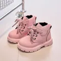 Pink girls' stylish autumn leather combat boots with warm knit collar and thick rubber sole - Size 21 Inner 13.5cm / Pink