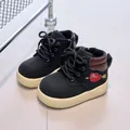 Kids black matte martin boots with red heart love design and thick beige soles - Size 21 (Inner 13.5cm) / Black