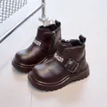 Kids dark brown leather boots with side zipper and decorative fashion buckle strap - Size 26 Inner Length 16cm / Brown