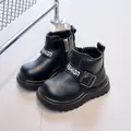 Black children's martin boots with stylish fashion buckle and side zipper closure - Size 26 Inner Length 16cm / Black