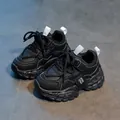 Kids black chunky sports sneakers with thick soles and lace-up design for running - Size 37 (Inner Length approx. 22.5cm) / Style 8816 / Black