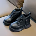 Kids black matte leather winter boots with warm fur lining and thick rubber sole - Size 21 (Inner Length 13CM) / Black