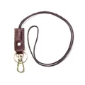 Handmade dark brown vegetable tanned leather keychain with braided rope and gold hook - Dark Coffee