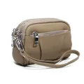 Genuine leather mini wristlet purse with three zippers and litchi texture in khaki - Light Gray