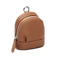 Brown lychee grain leather mini coin purse with silver metal hook and white stitching - Golden Brown