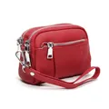 Mini red genuine leather coin purse with three zippers and wrist strap for women - Red