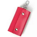 Rose red genuine cowhide leather key holder with silver snap buttons and metal hook - Rose Red