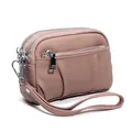 Dusty pink genuine leather wristlet purse with triple zipper pockets and pebble texture - Pink