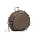 Mini leren portemonnee met dubbele rits in donkerbruin leer met kiezeltextuur - Khaki