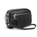 Mini black genuine leather wallet with three zipper compartments and a wristlet strap - Black