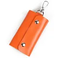 Orange genuine leather key pouch with pebbled texture and silver snap button closure - Orange