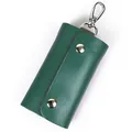 Genuine cowhide leather key holder in dark green with lychee texture and metal snaps - Dark Forest Green