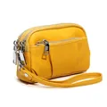 Yellow genuine leather mini wallet with three zippers and a matching wrist strap - Yellow