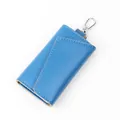 Premium bright blue lychee texture leather key wallet with silver metal snap hook - Blue