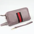 Purple top grain leather long wallet featuring classic striped ribbon and gold zipper - Lotus Purple