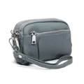 Genuine leather mini coin purse with triple zippers and wrist strap in dusty blue - Denim Blue