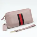 Dusty pink genuine leather long wallet with iconic green and red stripe and wrist strap - Nude Pink