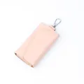 Light pink leather key pouch with silver metal carabiner and fine stitching details - Pink