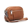 Brown genuine leather coin purse with three zippers and a matching wrist strap - Khaki/Earth Yellow