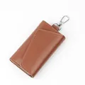 Brown genuine leather multi-functional key case with silver metal hook and fine stitching - Khaki/Earth Yellow