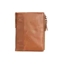 Brown crazy horse leather men's RFID wallet with double zippers and Italian stripe detail - Brown