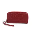 Deep red leather clutch purse with camellia flower embossing and silver metal zipper - Burgundy