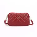 Chic burgundy leather crossbody bag with quilted diamond pattern and golden metal logo - Burgundy