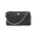 Sac à main en cuir noir avec surpiqûres blanches et ornement floral doré - Noir
