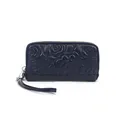 Dark blue top grain leather clutch bag with embossed flower pattern and wrist strap - Dark Blue