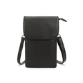 Minimalist black soft leather crossbody phone bag with flap and metal zipper detail - Black