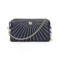 Sac bandoulière en cuir grainé bleu foncé avec surpiqûres blanches et chaîne dorée - Bleu Saphir