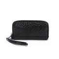 Black top grain leather long clutch wallet with embossed camellia pattern and wristlet - Black