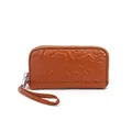 Brown litchi leather wristlet wallet featuring vintage embossed floral pattern and zipper - Brown