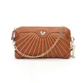 Brown litchi grain leather crossbody bag with white stitching and silver flower logo - Caramel