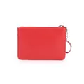 Red genuine leather coin purse with lychee texture and silver keychain ring - Red
