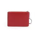 Slim red genuine leather coin purse with litchi texture and functional silver keyring - Burgundy