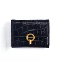 Elegante tarjetero de cuero negro con relieve de cocodrilo y hebilla dorada vintage - Negro