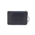 Slim navy blue pebbled leather coin purse with top zipper and metal key ring attachment - Dark Blue