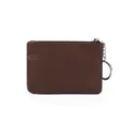 Slim dark brown genuine leather coin purse with pebble texture and silver keychain - Coffee