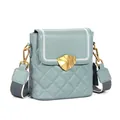 Morandi grey-blue leather bucket bag with diamond quilting and wide fabric strap - Flax Blue