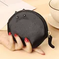 Mini black cowhide leather cat-shaped coin purse with embossed texture and gold zipper - Black