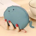 Blue cat-shaped genuine leather mini coin purse with cute ears and golden zipper - Light Blue