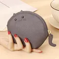 Mini porte-monnaie chat en cuir véritable gris avec texture de grain de litchi créative - Gris