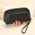 Genuine black leather wristlet purse with double zippers and litchi texture - Black