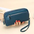 Litchi pattern dark blue genuine leather wristlet wallet with three gold zipper layers - Teal