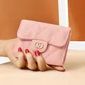 Pink quilted leather small wallet for women with golden metal ring clasp and pebble finish - Pink