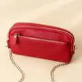 Rote Crossbody-Tasche aus echtem Leder mit drei Reißverschlüssen und goldener Kette - Rot