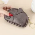 Mini elephant coin purse keychain in dark grey leather with pebble grain texture - Antique Silver