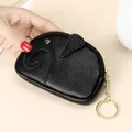 Cute black elephant shape mini leather coin purse with golden keychain accessory - Black