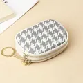 Mini porte-monnaie en cuir véritable à motif pied-de-poule et double zip doré chic - Gris